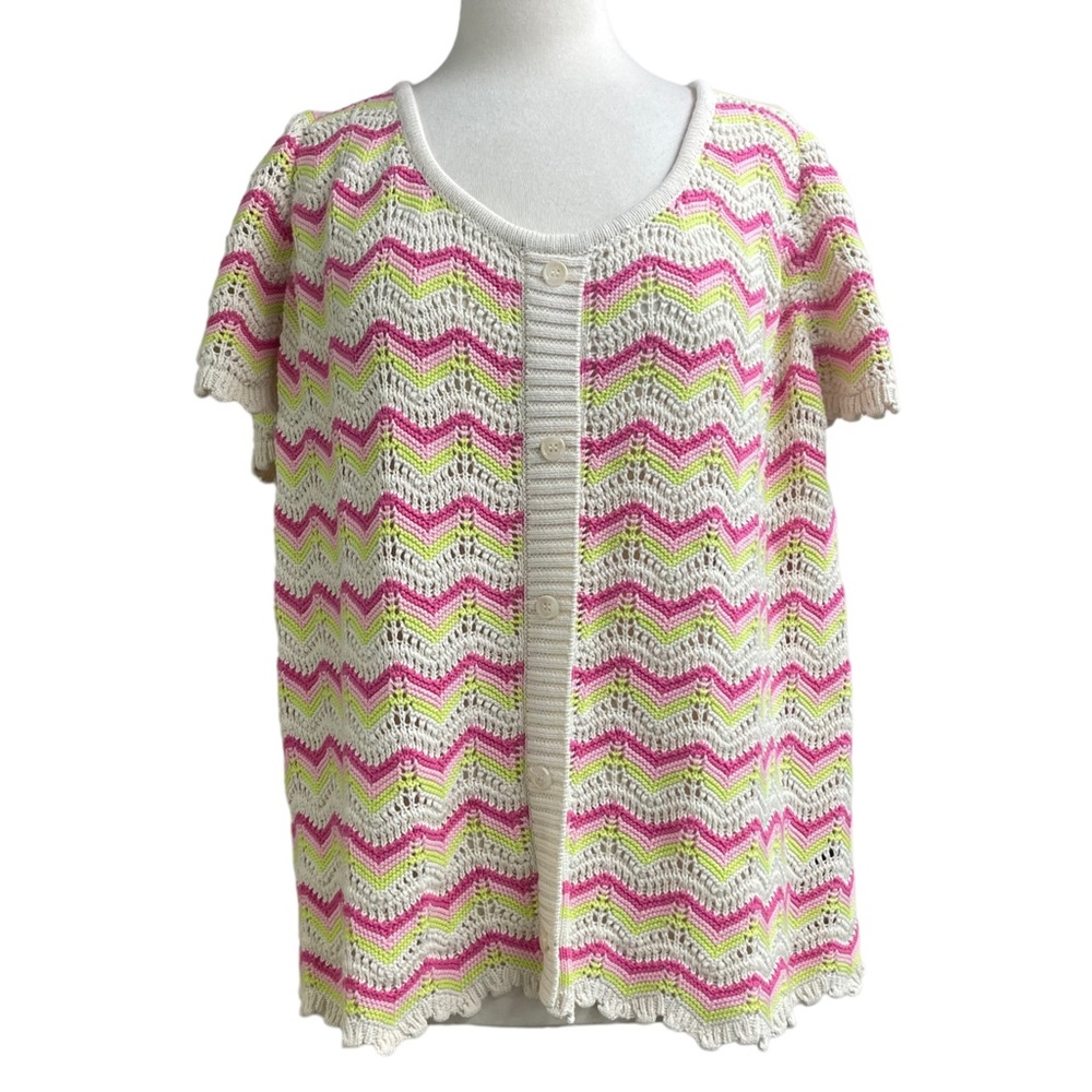 torrid Cream Pink Lime Chevron Crochet Short Sleeve Cardigan
